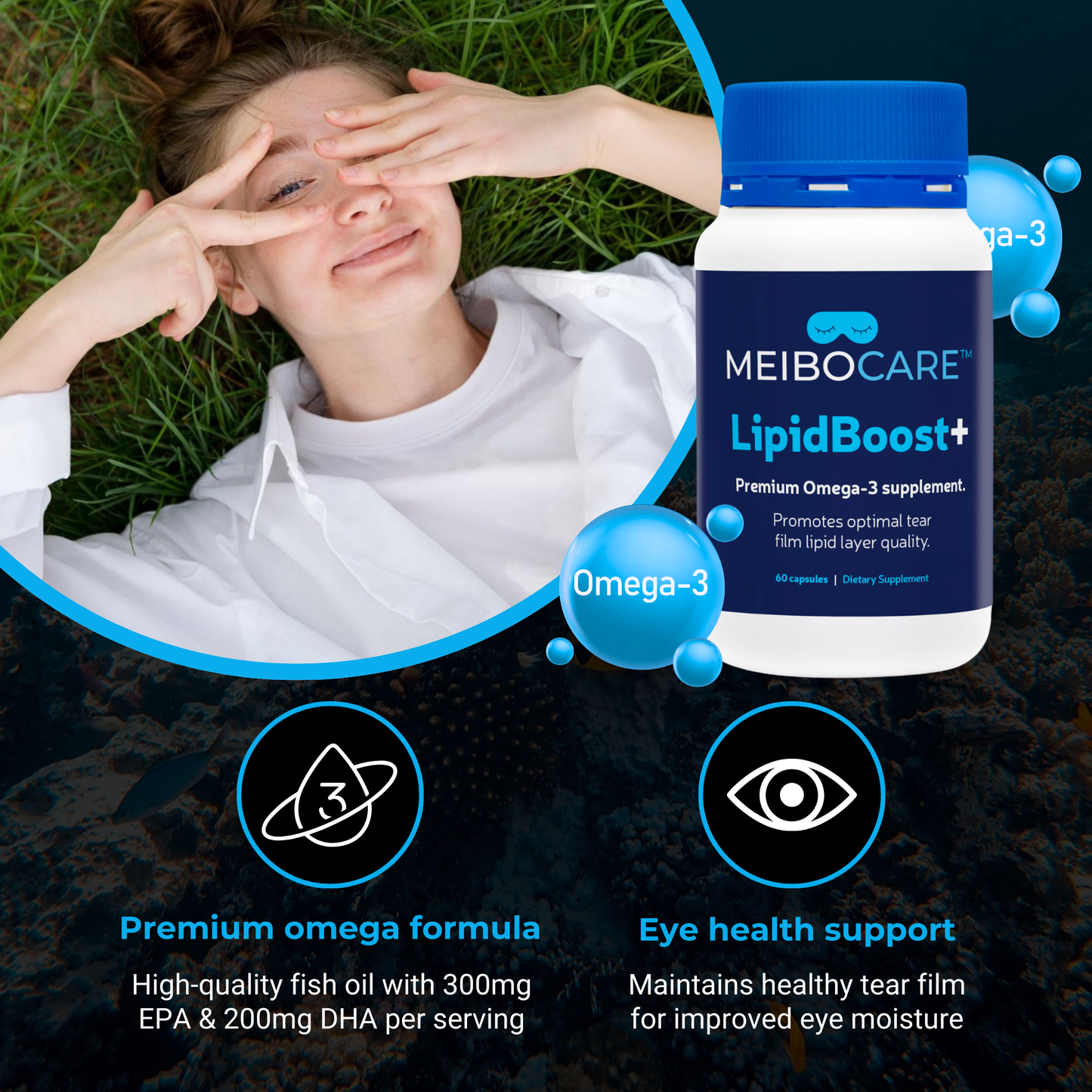 MEIBOCARE - Omega 3 Fish Oil Supplement - EPA DHA Capsules for Eye Health Support - Tear Film Quality Formula - Mercury Free - New Zealand Made - 60 Capsules