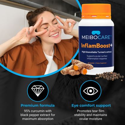 MEIBOCARE - Turmeric Supplement - Curcumin Extract with Black Pepper for Enhanced Absorption - Eye Health Support - Tear Film Stability Formula - Ocular Comfort - 60 Capsules