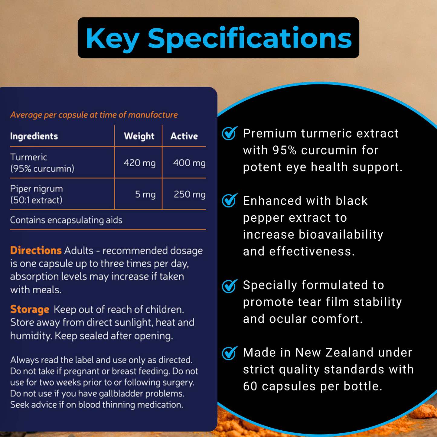 MEIBOCARE - Turmeric Supplement - Curcumin Extract with Black Pepper for Enhanced Absorption - Eye Health Support - Tear Film Stability Formula - Ocular Comfort - 60 Capsules
