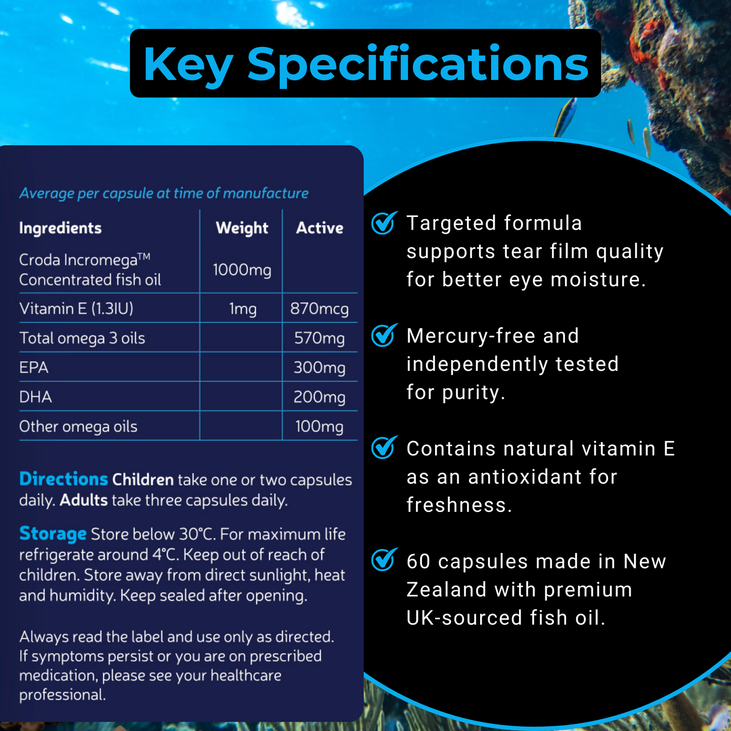 MEIBOCARE - Omega 3 Fish Oil Supplement - EPA DHA Capsules for Eye Health Support - Tear Film Quality Formula - Mercury Free - New Zealand Made - 60 Capsules