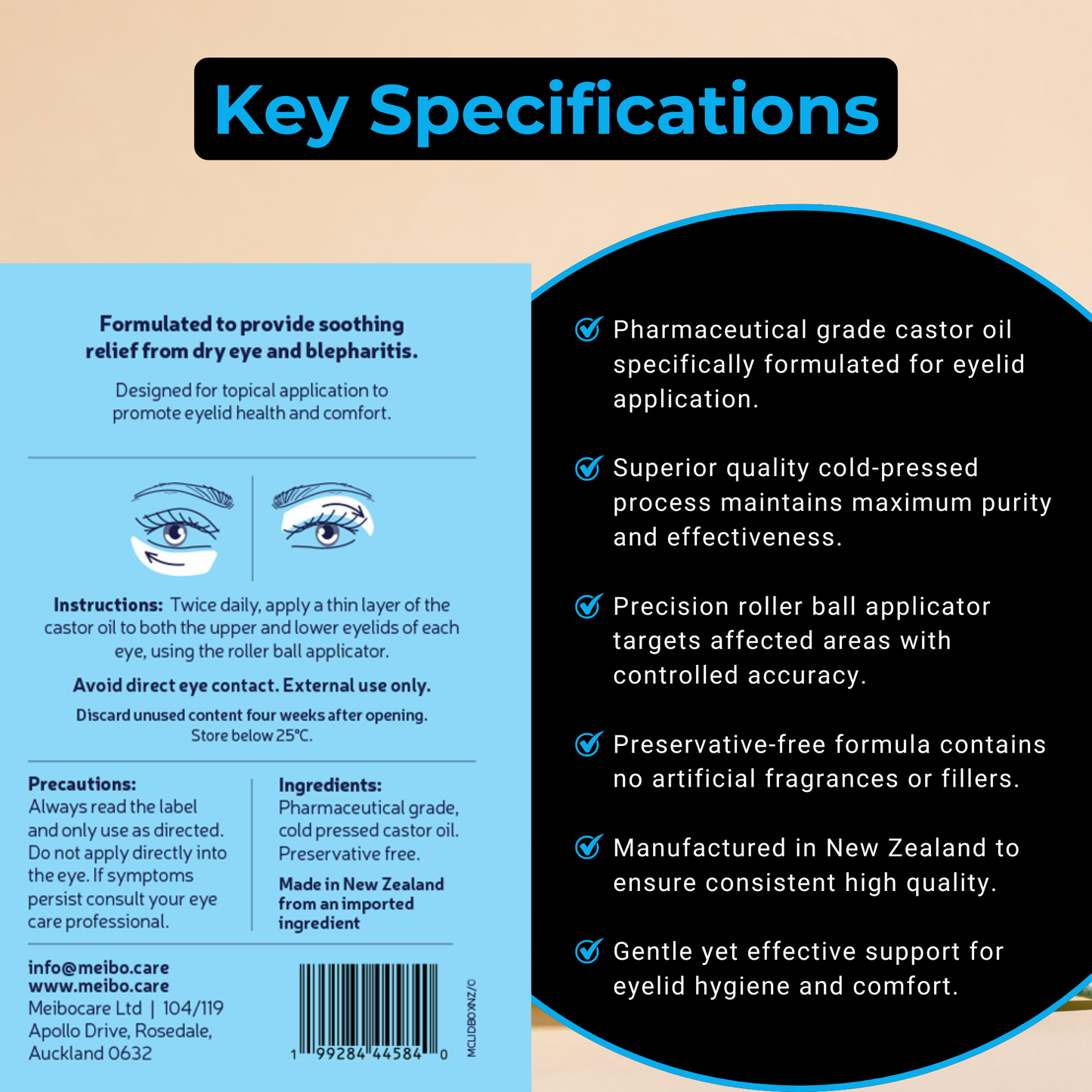 MeiboCare LidBoost+ - 100% Cold Pressed Castor Oil Eye Lid Cleanser - Dry Eye Relief. 10ml