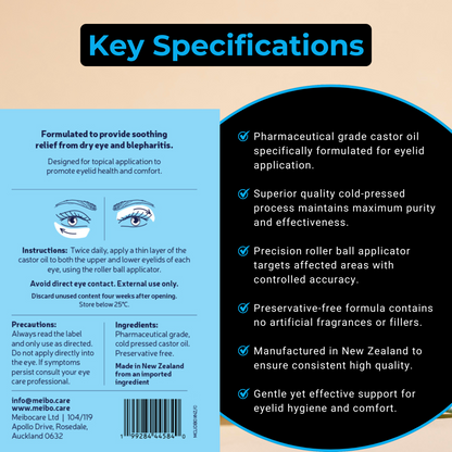 MeiboCare LidBoost+ - 100% Cold Pressed Castor Oil Eye Lid Cleanser - Dry Eye Relief. 10ml