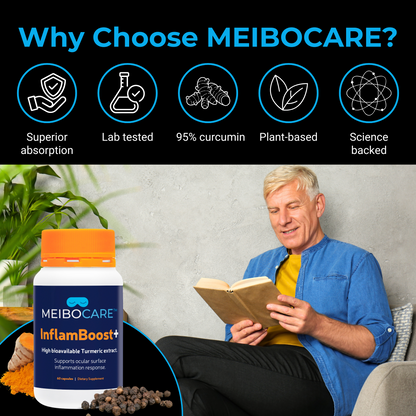 MEIBOCARE - Turmeric Supplement - Curcumin Extract with Black Pepper for Enhanced Absorption - Eye Health Support - Tear Film Stability Formula - Ocular Comfort - 60 Capsules