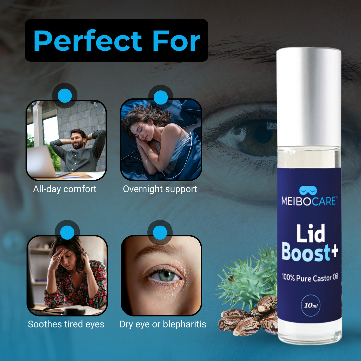 MeiboCare LidBoost+ - 100% Cold Pressed Castor Oil Eye Lid Cleanser - Dry Eye Relief. 10ml